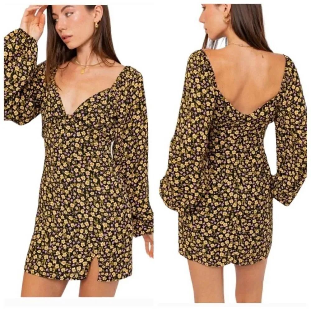 Le Lis Black Floral Balloon Sleeves Mini Dress Size Small